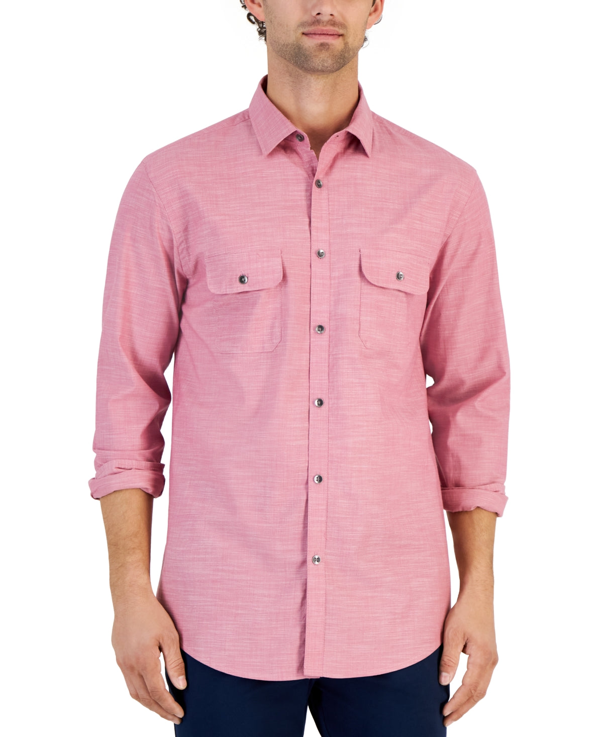 Alfani Mens Regular Fit Button Down Shirt Smudge Cranberry Pink Large