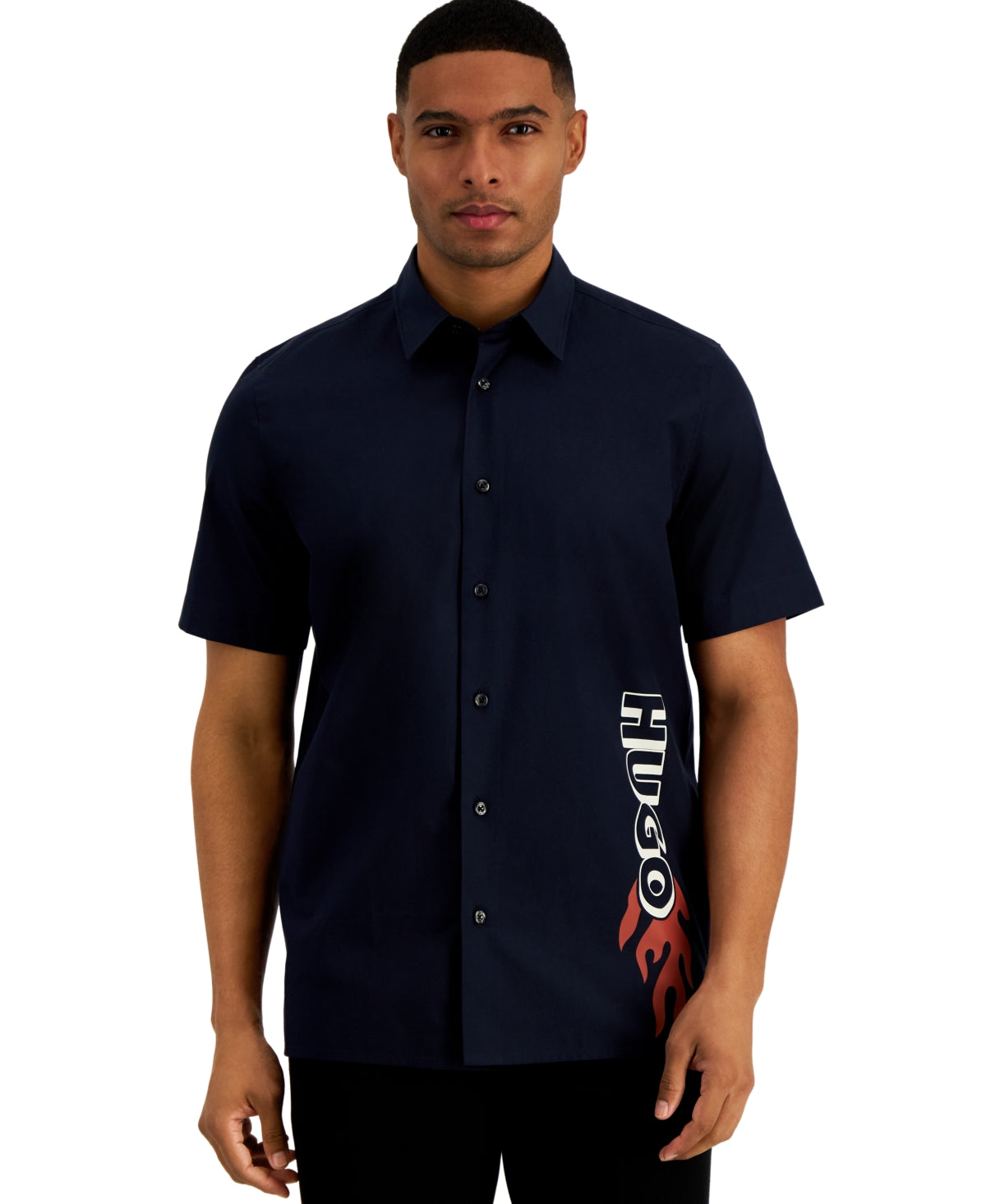 Hugo Boss Mens Straight fit Short Sleeve Button-Up Shirt Large Blue Solid