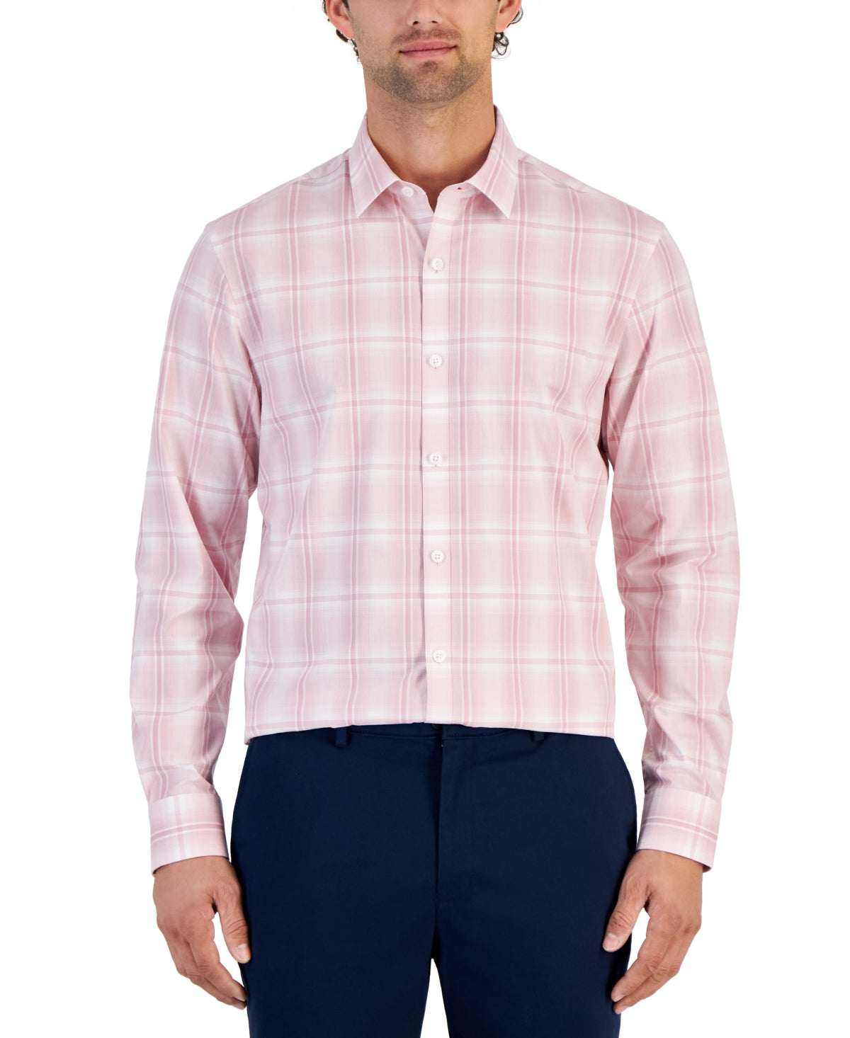 Alfani Men's  Plaid Print Long Sleeve Button Down Shirt Pink  3XL