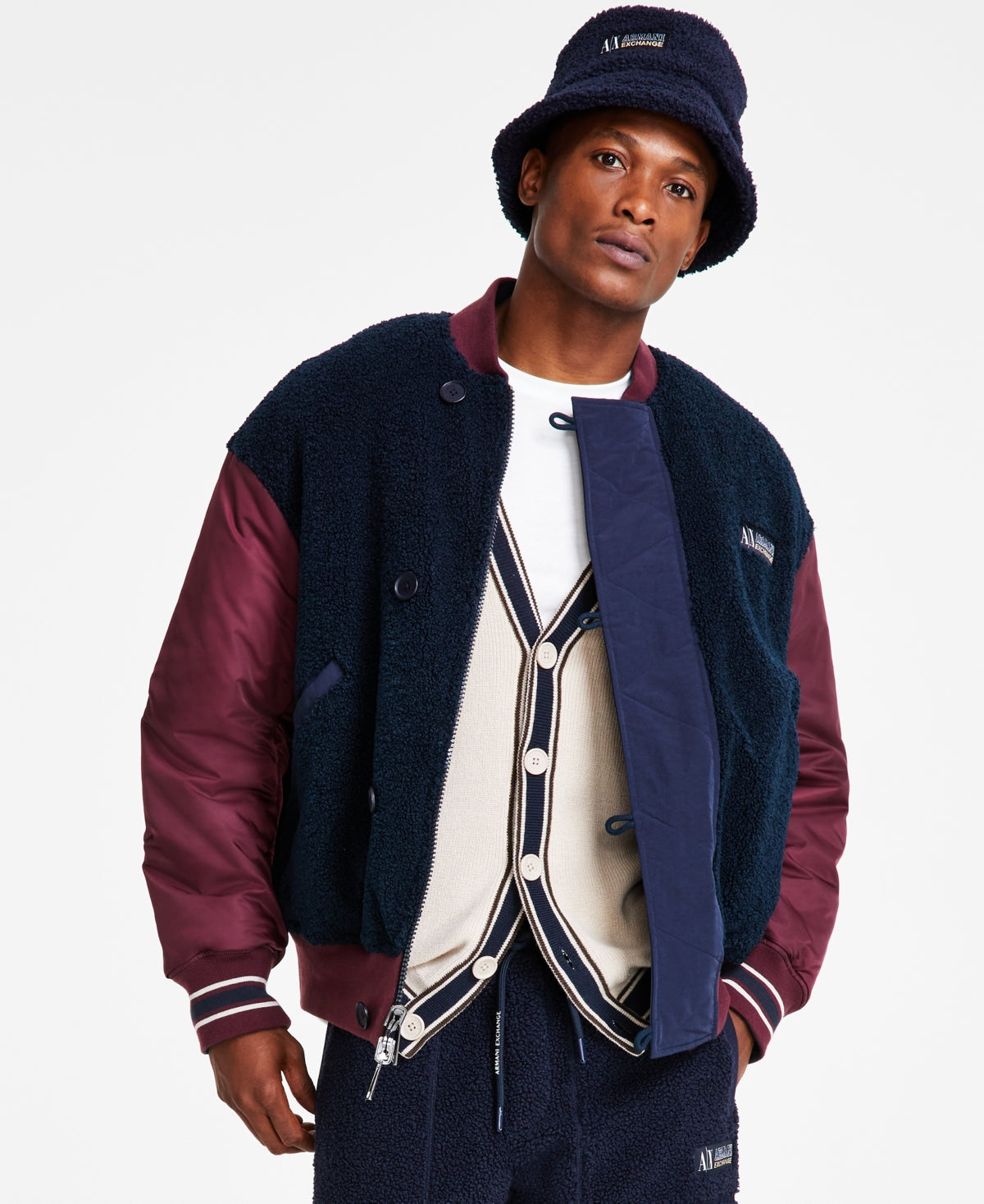 Ax Armani Exchange Mens Reversible Fleece Bomber Jacket Coat XL Blue Solid
