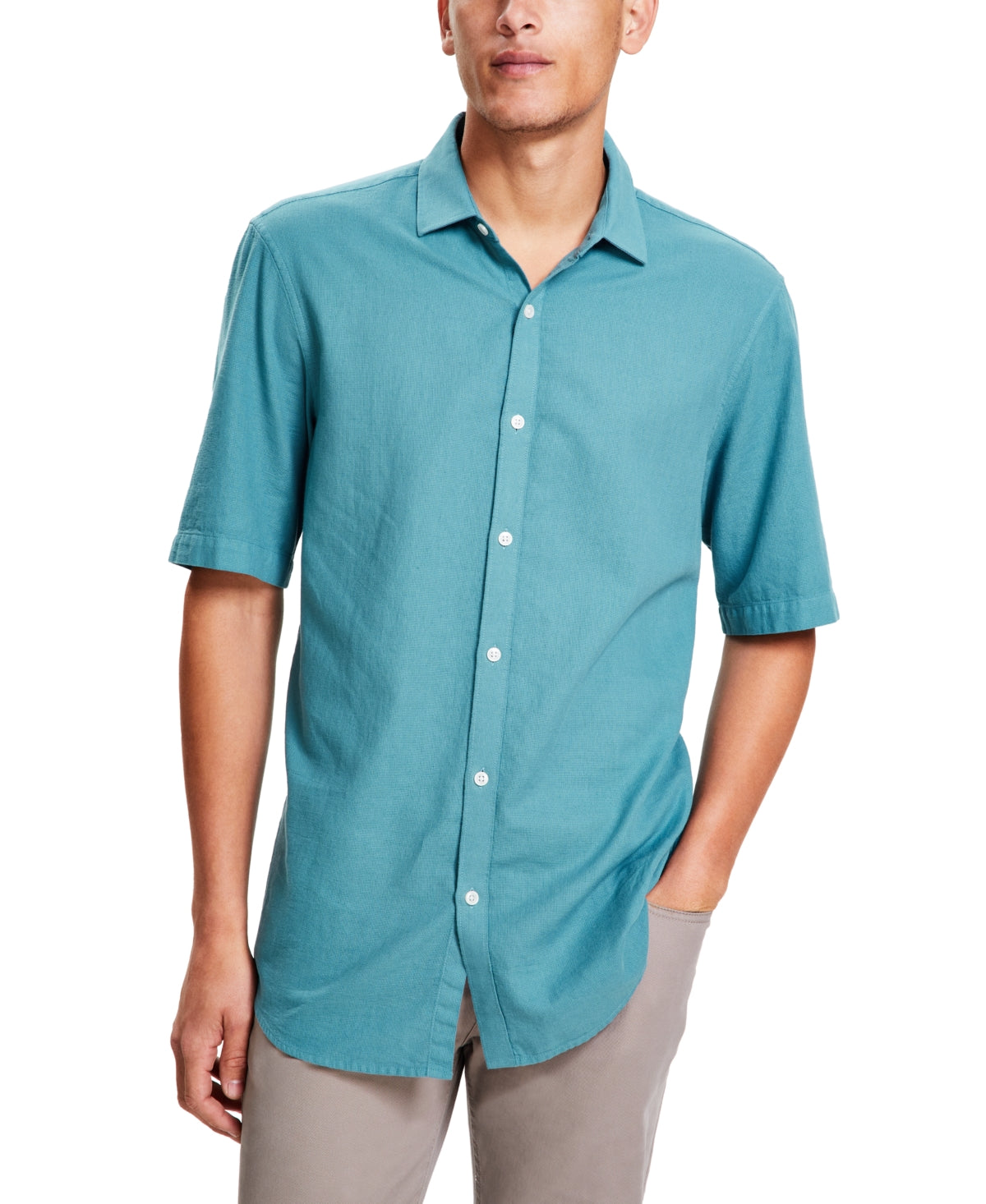 Alfani Men's Short Sleeve Solid Textured Button Down Shirt Deep Patina Blue 2XL