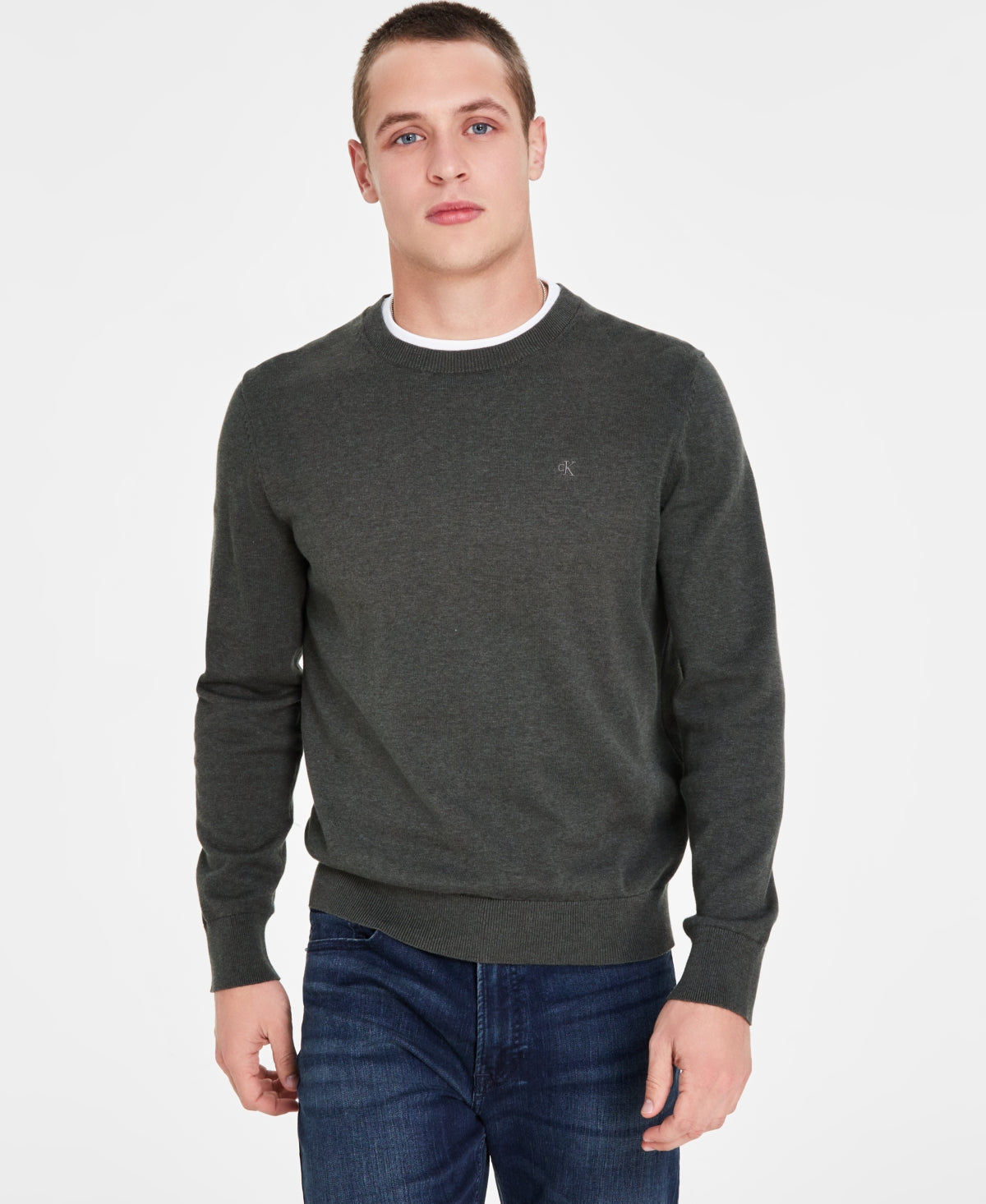 Calvin Klein Men's Smooth Cotton Monogram Logo Sweater Gunmetal Heather Grey 2XL
