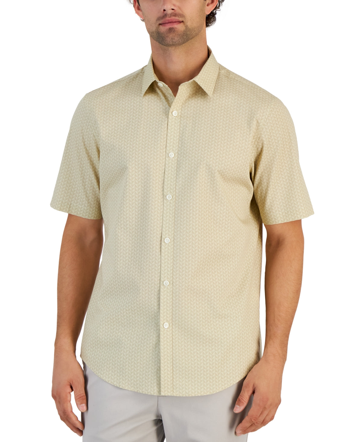 Alfani Men's Geometric Short Sleeve Button Down Shirt Brown Rice Beige XL