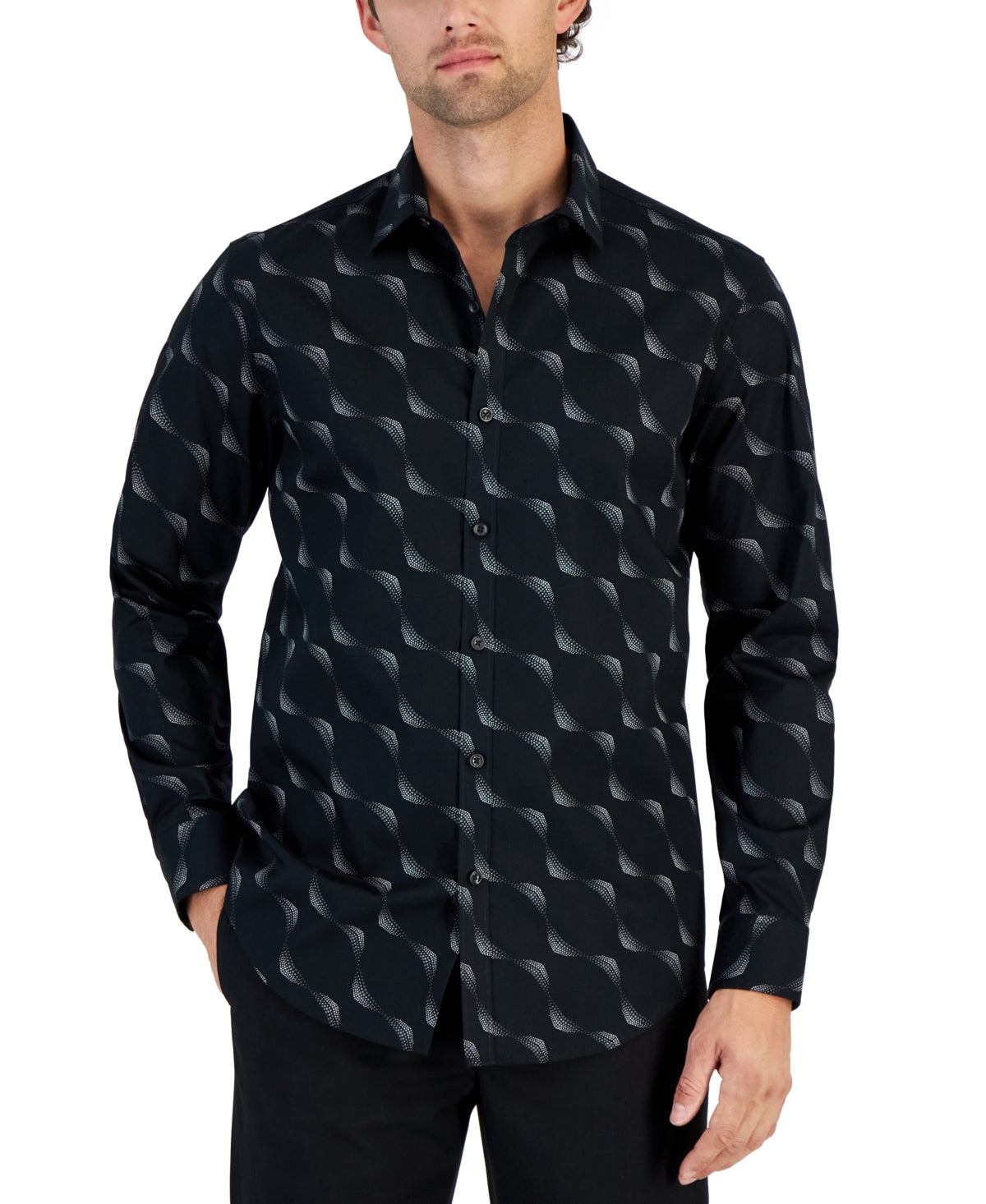 Alfani Mens Dot Wave Print Long Sleeve Button Down Shirt Black Large