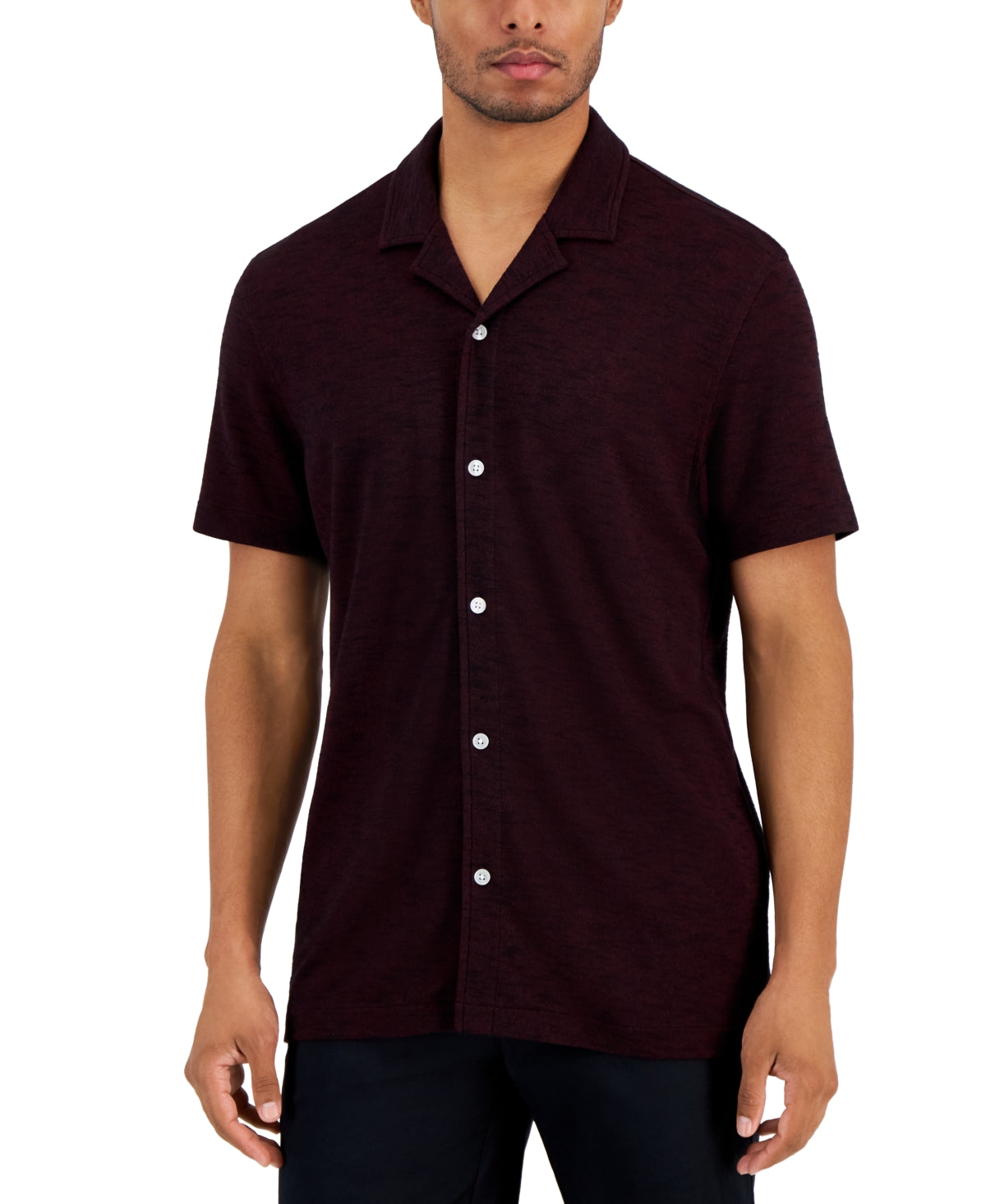 Alfani Mens Short Sleeve Button Down Camp Collar Shirt Maroon Red 2XL