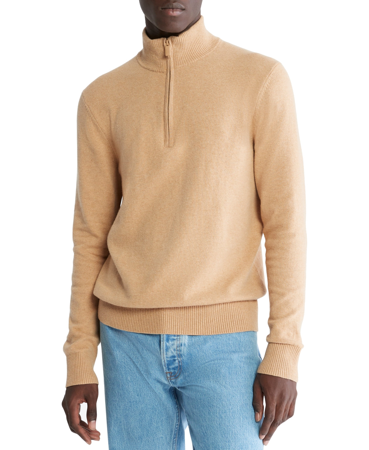 Calvin Klein Men's Ribbed Trim Quarter Zip Sweater Tigers Eye Heather Beige XL