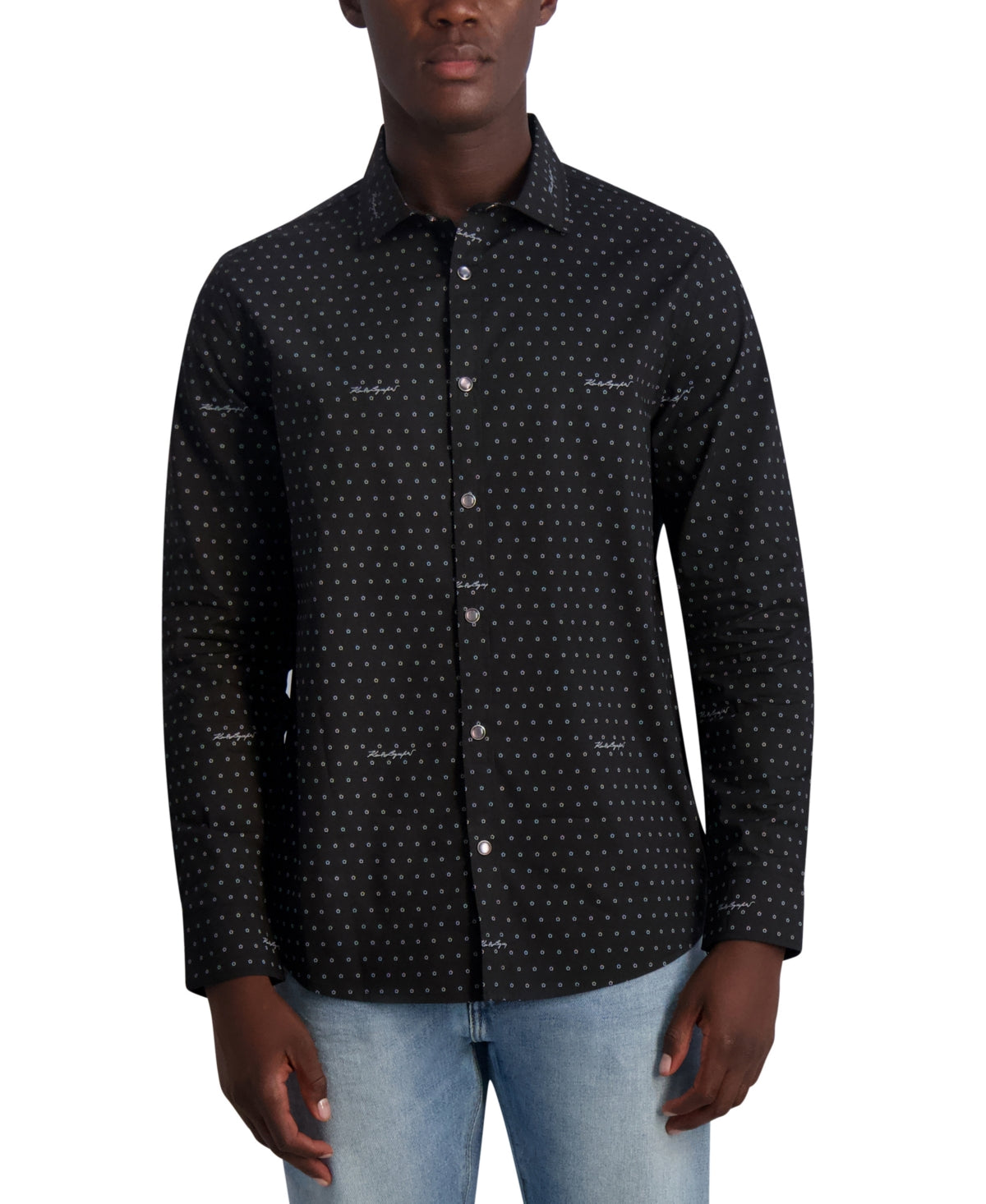 Karl Lagerfeld Paris Men's Slim Fit Geo Print Signature Shirt Black Small