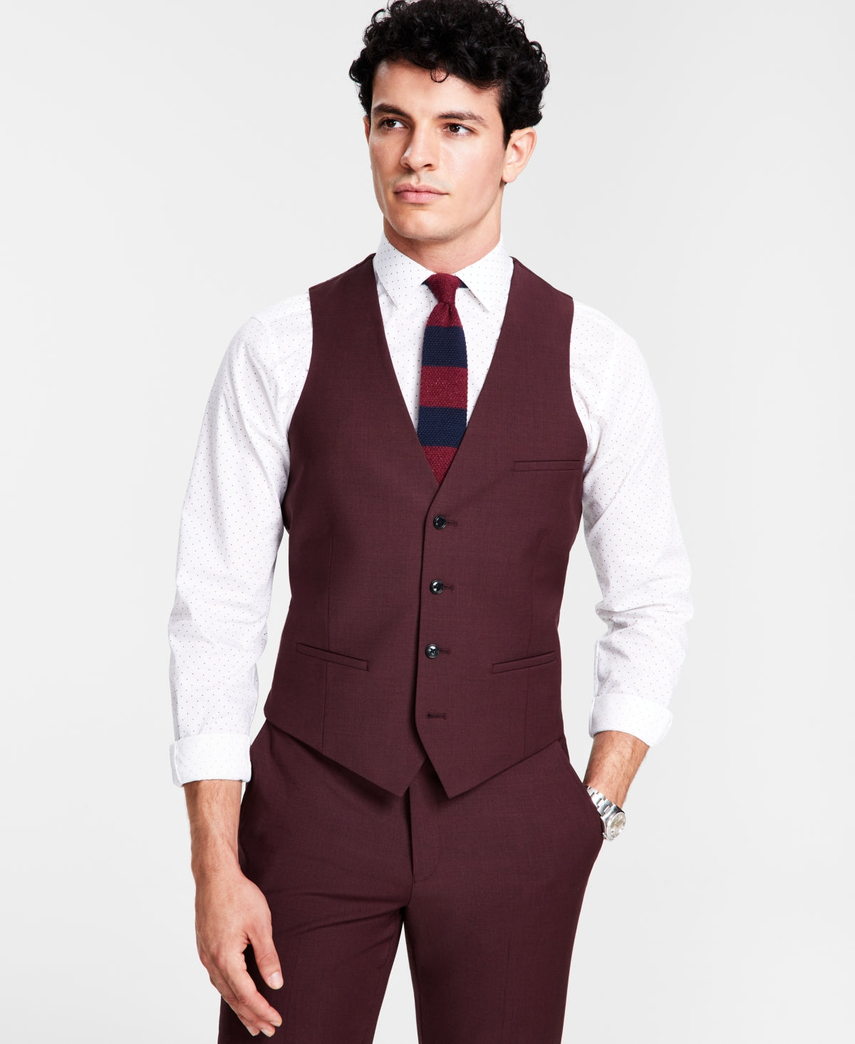 Bar III Men's Slim Fit Solid Suit Vest Burgundy Small