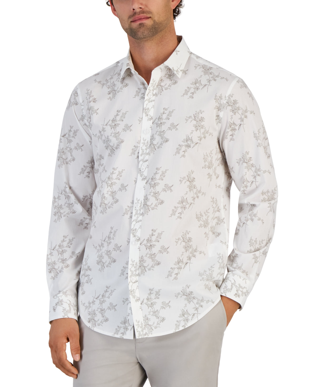 Alfani Men's Dotted Floral Print Long Sleeve Button Down Shirt White Small