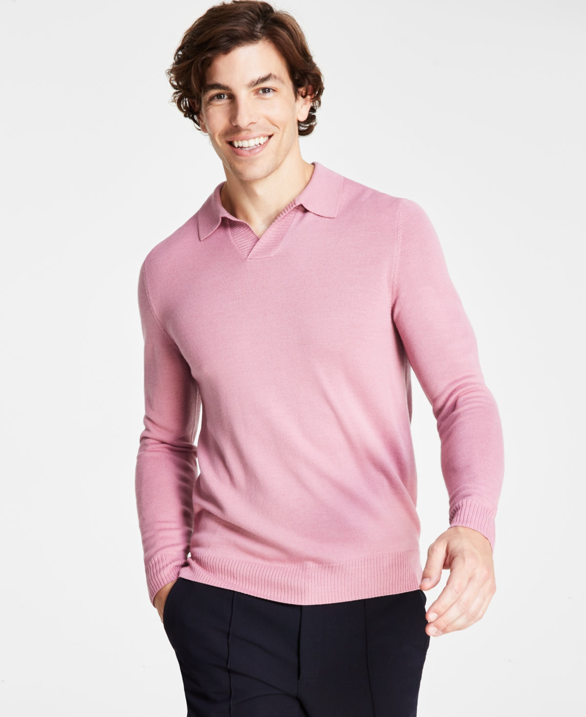 Alfani Mens Regular Fit Johnny Collar Long Sleeve Polo Sweater Rose Pink Medium