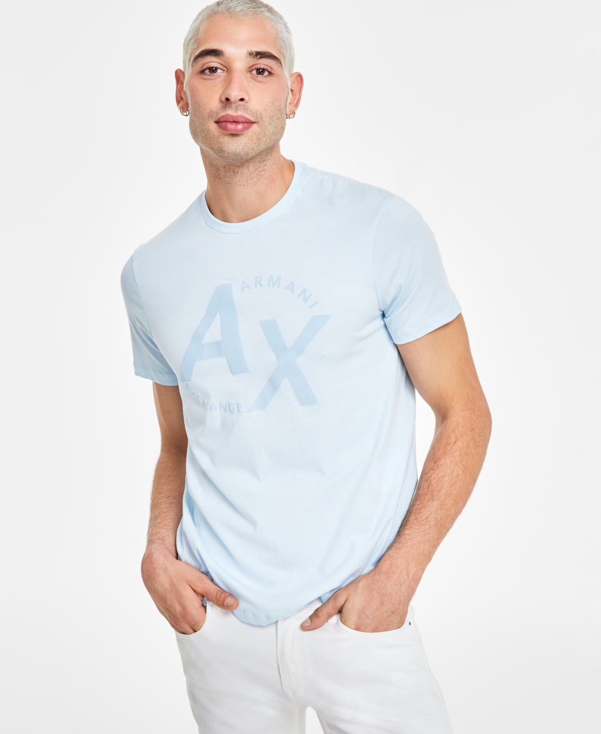 Armani Exchange Men's Regular Fit Flocked Logo Graphic T Shirt Light Blue