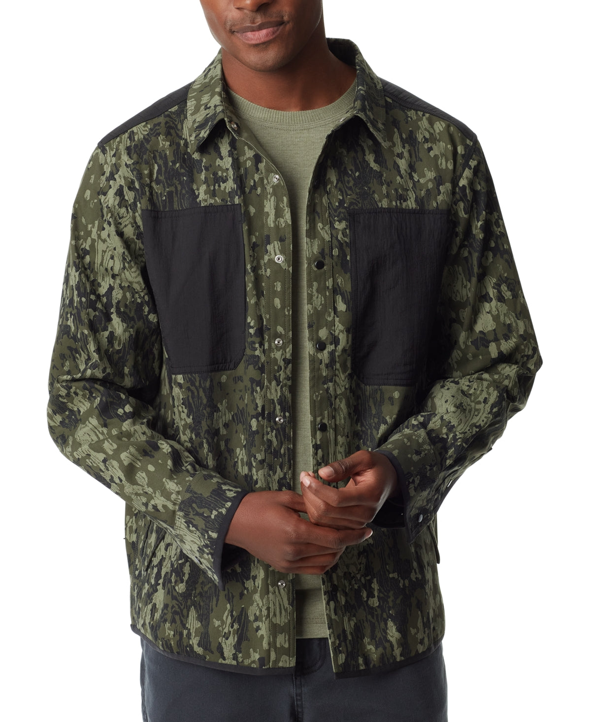 Bass Outdoor Mens Outdoo Worker Standard Fit Green Camo Shirt Jacket Green Large