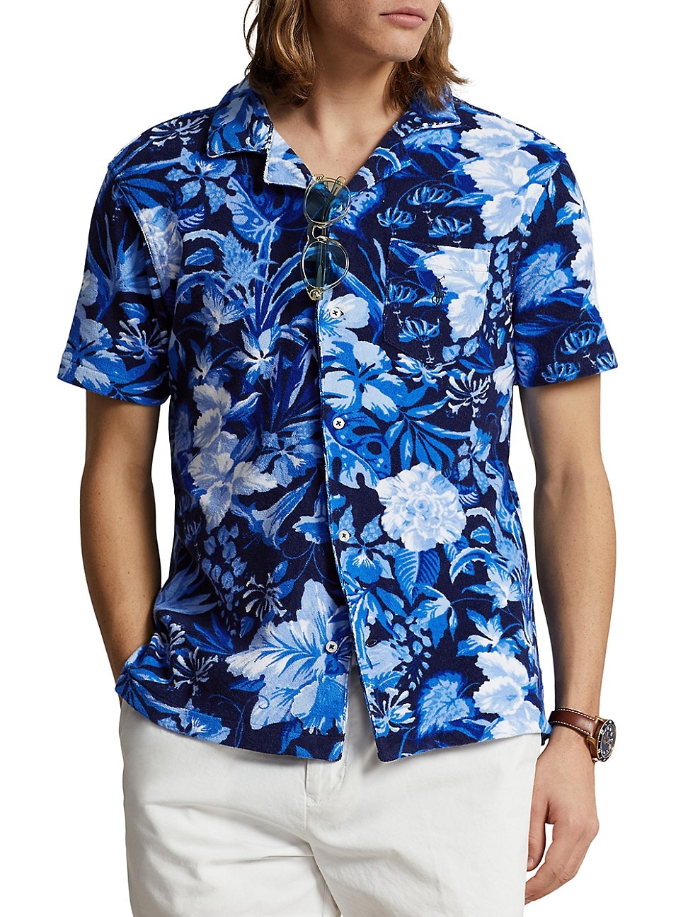 Polo Ralph Lauren Mens Floral Terry Short Sleeve Woven Camp Shirt 2XL XXL Blue