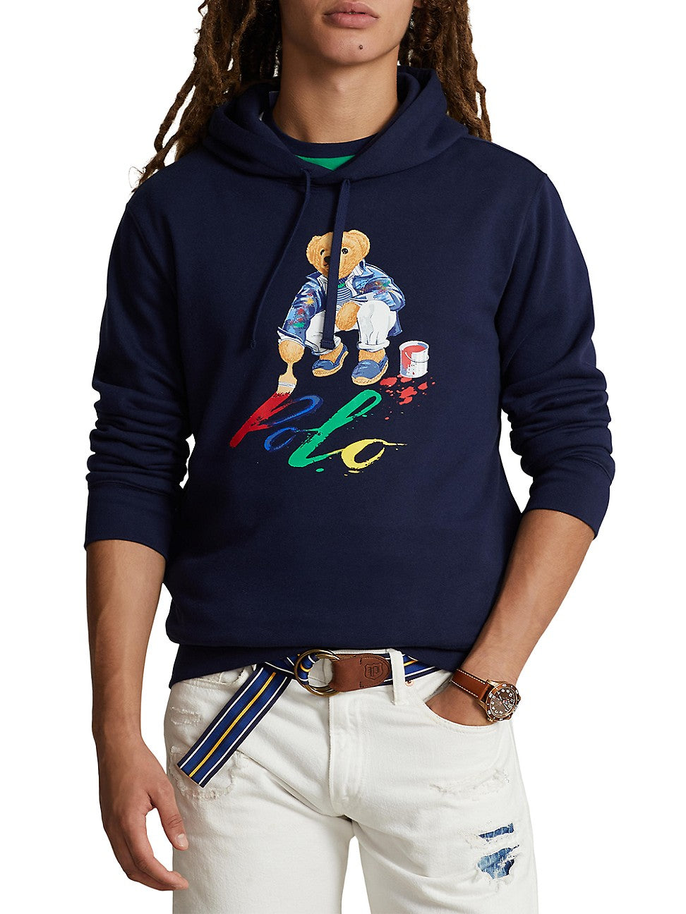 Polo Ralph Lauren Men's Bear Paint Graphic Fleece Sweatshirt Hoodie Blue Large