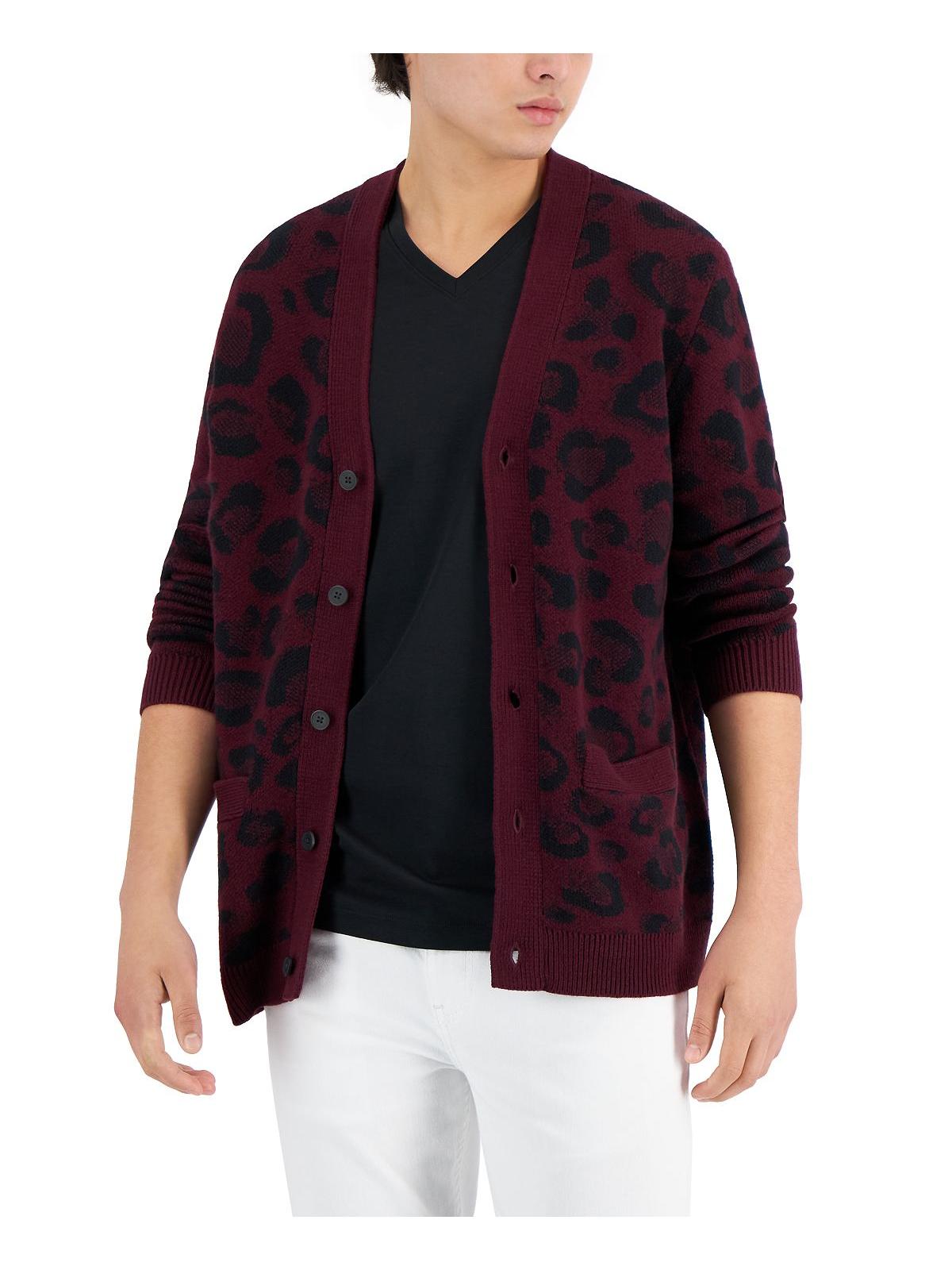 INC International Concepts Mens Animal Print Buttondown Cardigan Sweater  Wine Red XS