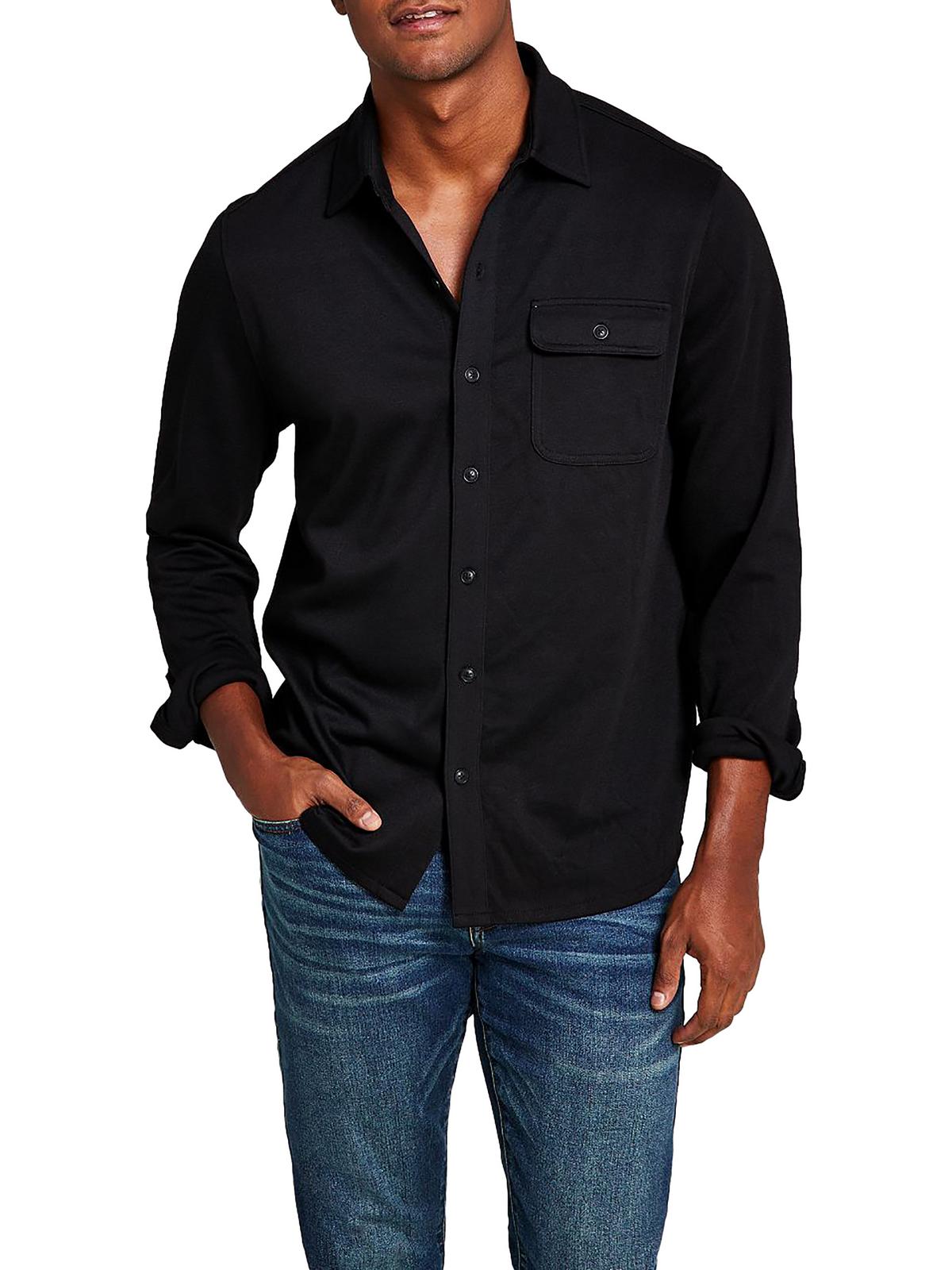 And Now This Mens Black Knit Collared Button down Shirt