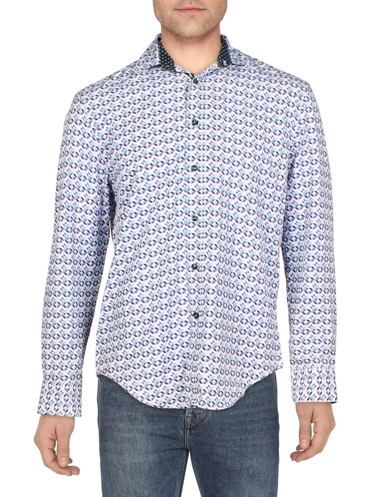 Society of Threads Mens Dot Geo Long Sleeve Button Down Shirt Blue Small