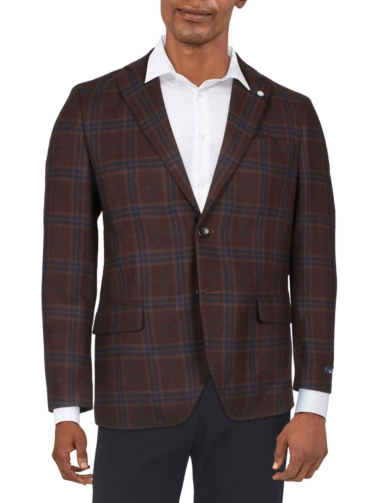 Nautica Mens Modern-Fit Plaid Red Burgundy Sport Coat Blazer 42R