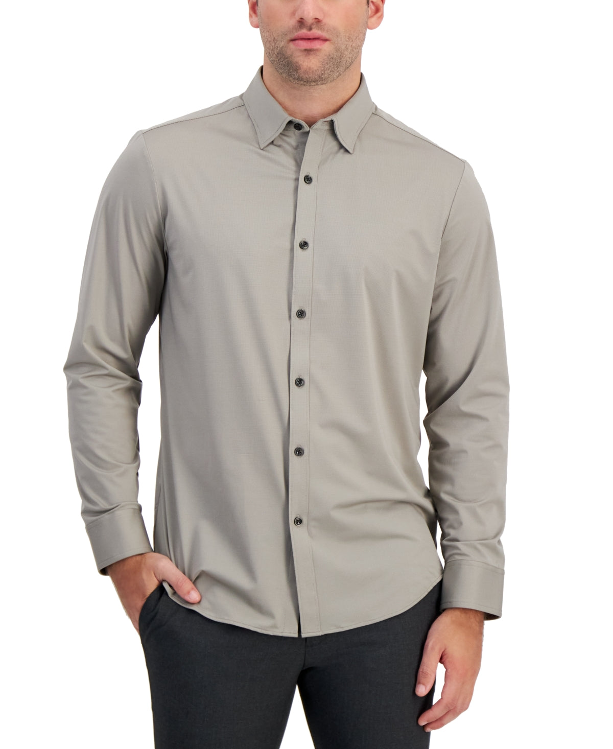 Alfani Mens Alfatech Yarn Dyed Long Sleeve Button Down Shirt Grey Large