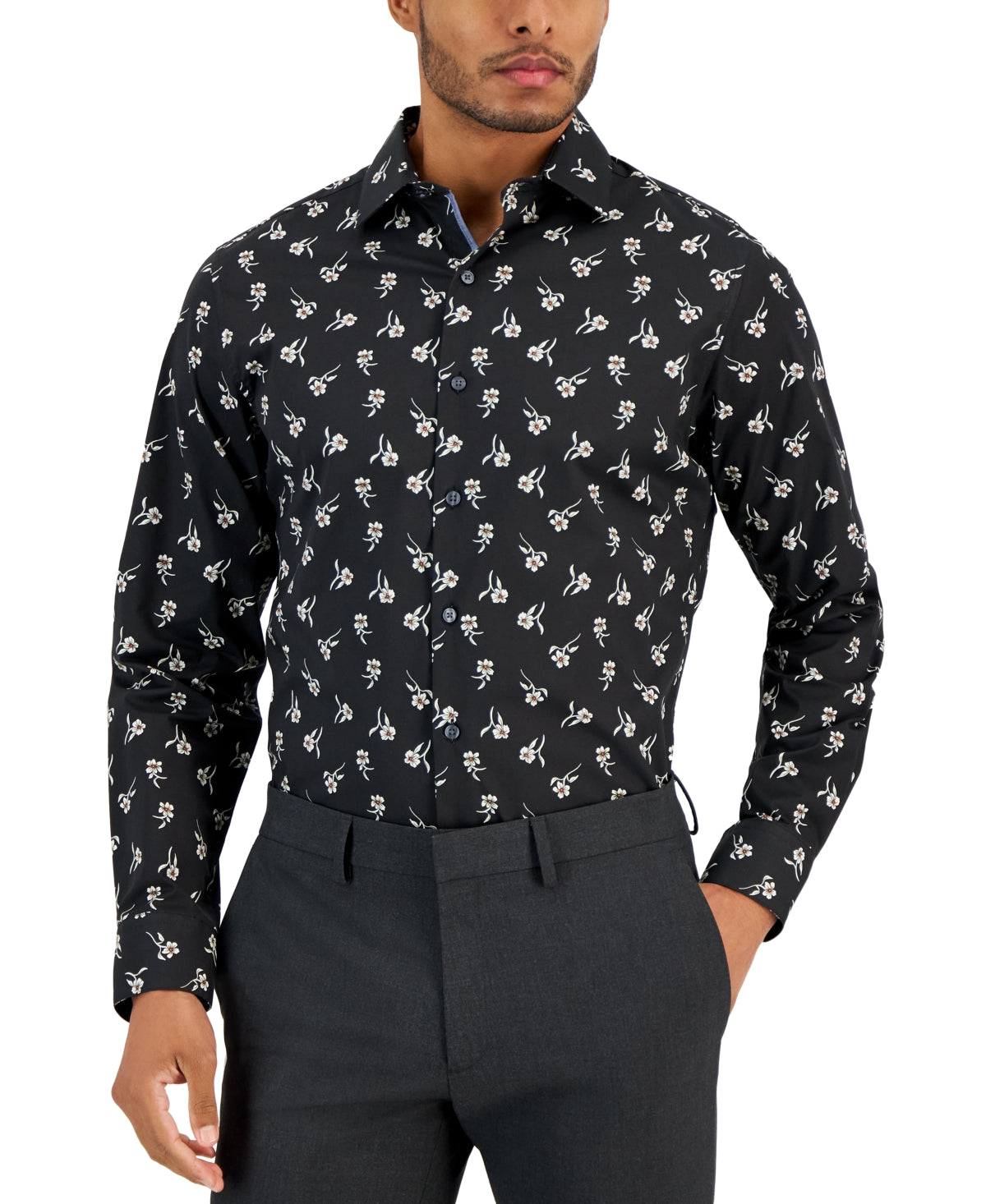 Bar Iii Mens Slim fit Long Sleeve Button-Up Shirt Small Black Floral