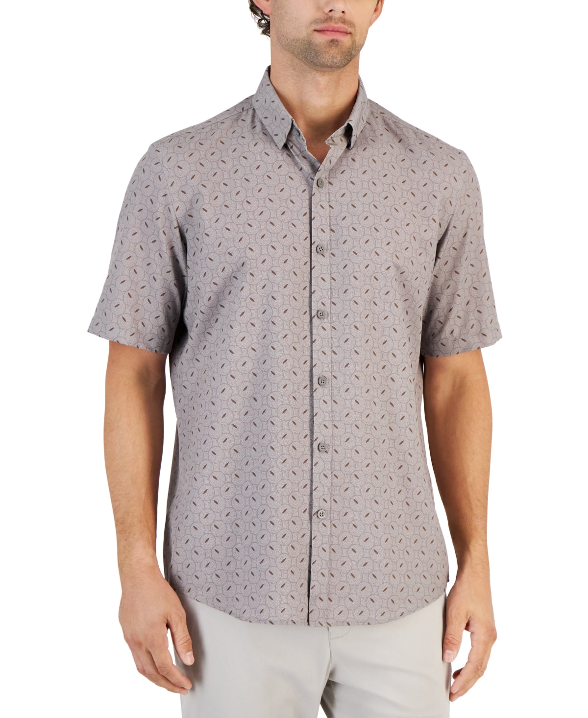 Alfani Men's Alfatech Geometric Dot Short Sleeve Button Down Shirt Beige Large