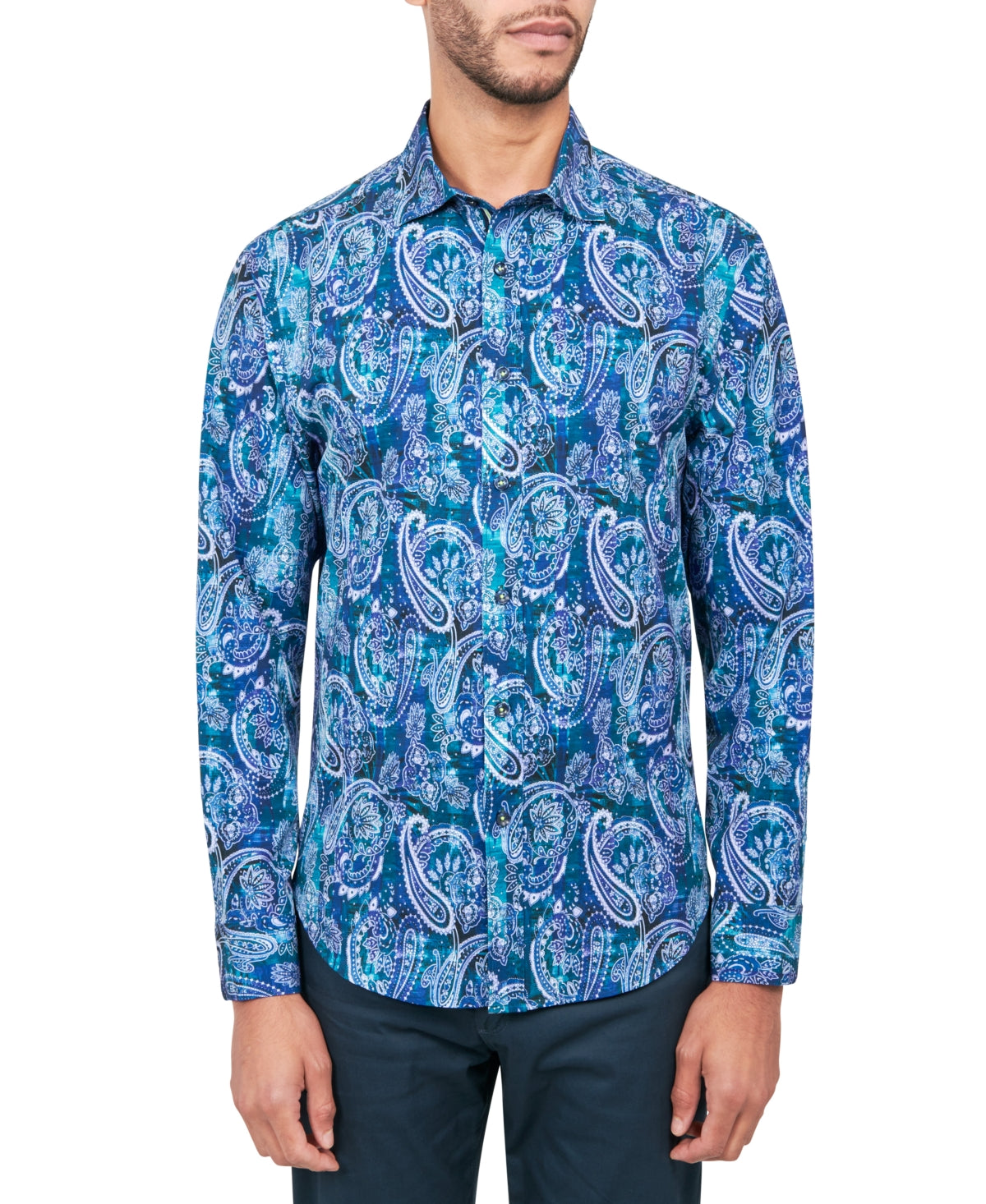 Society of Threads Mens Regular Fit Button Down Shirt Printed Per Blue Large