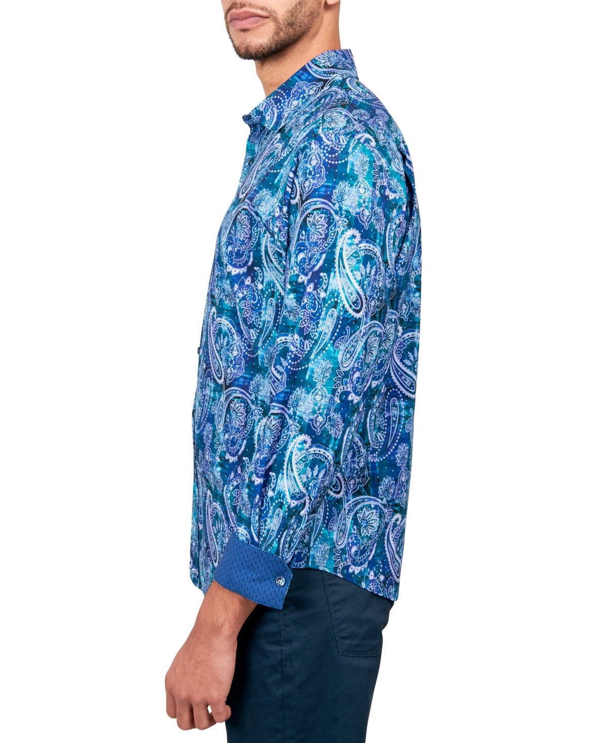 Society of Threads Mens Regular Fit Button Down Shirt Printed Per Blue Large