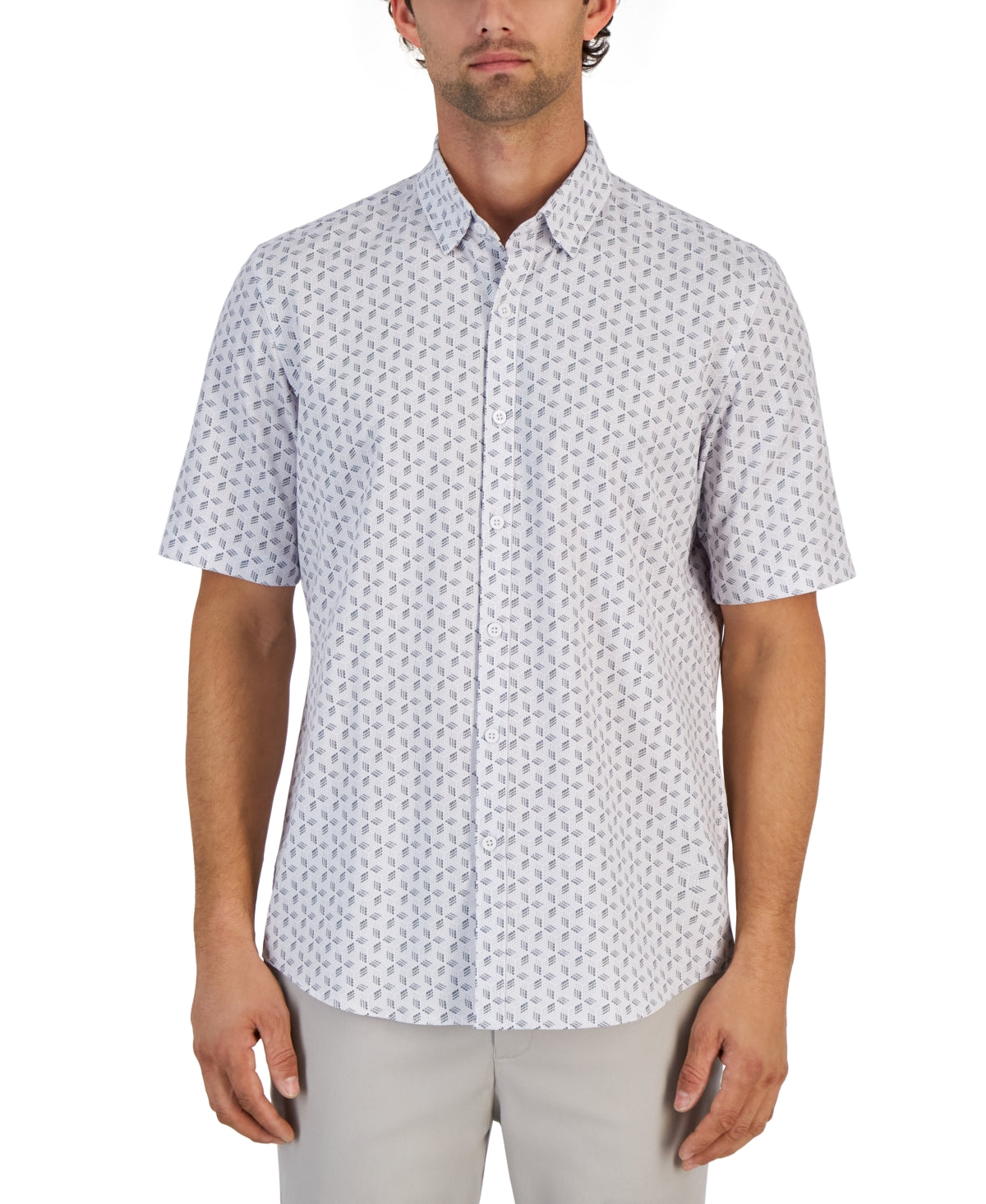 Alfani Mens Alfatech Short Sleeve Button Down Shirt Geometric Print White Small