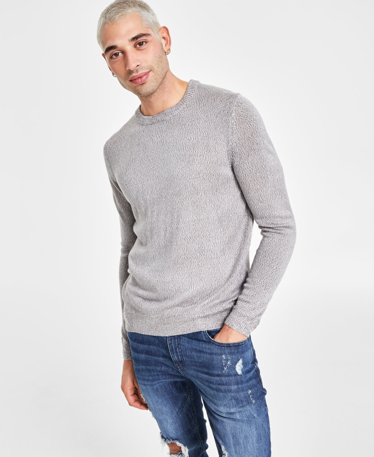 INC International Concepts Mens Textured Crewneck Sweater Grey Large