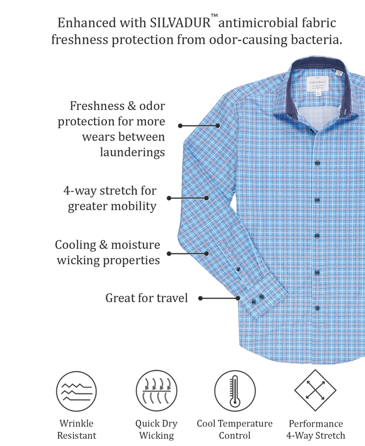 ConStruct Mens Slim Fit Performance Checked Button Down Shirt Red Large