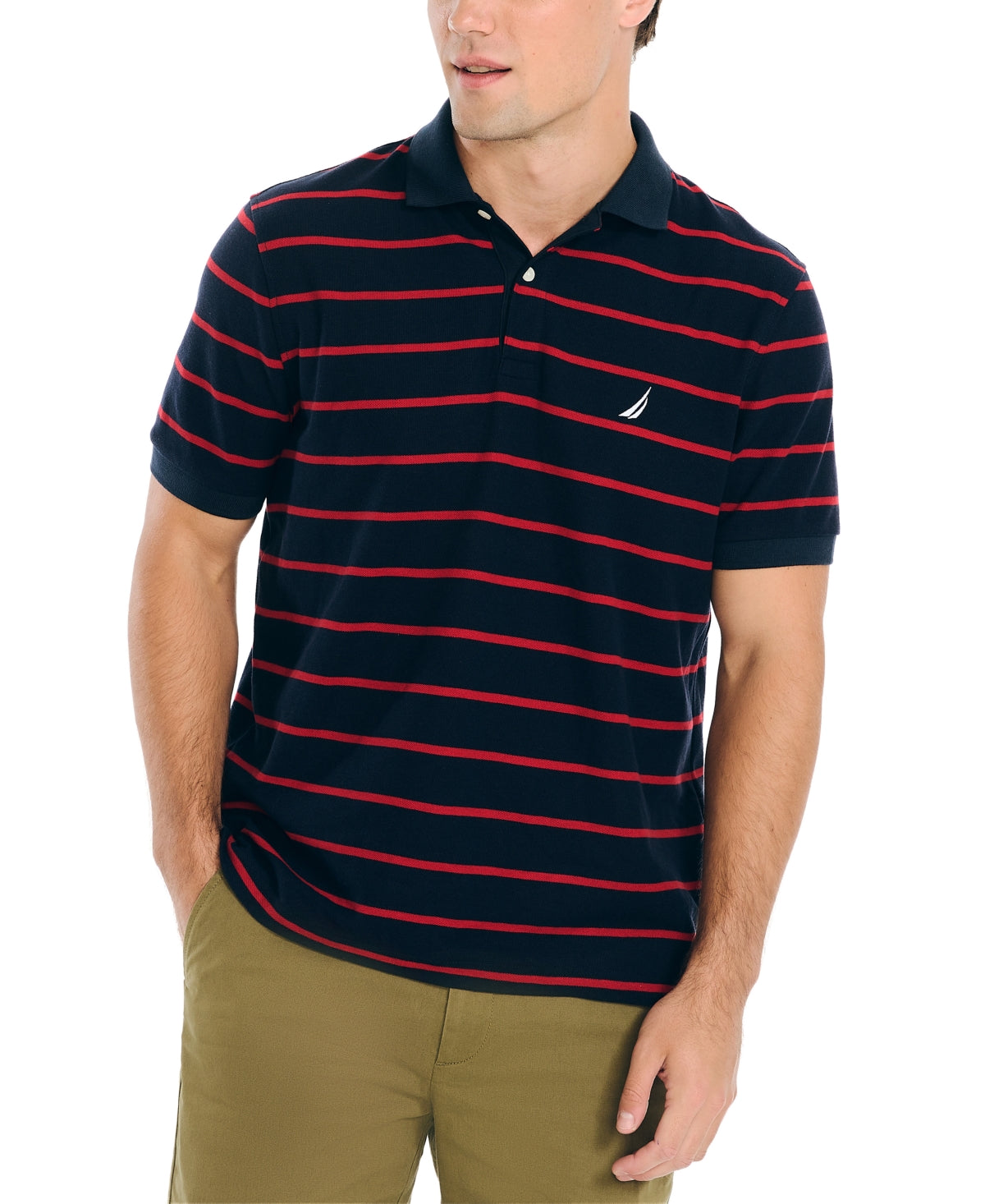 Nautica Mens Regular fit Short Sleeve Polo Shirt Small Blue Red Striped