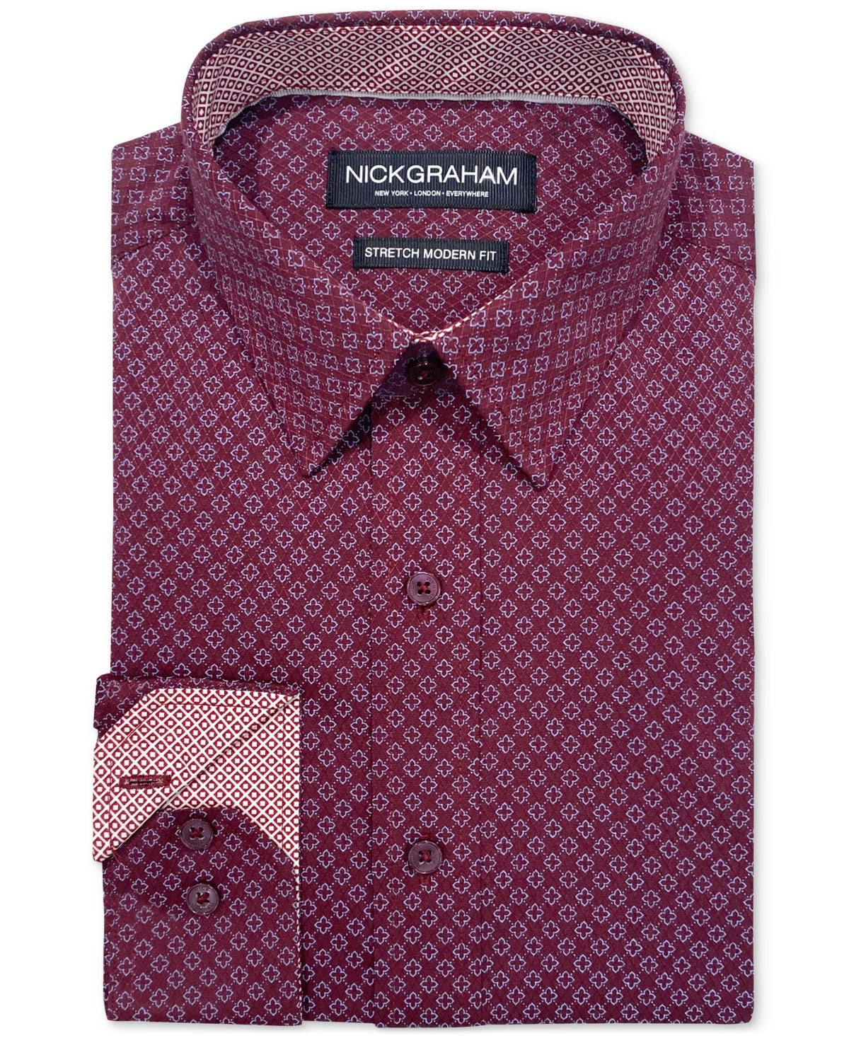 Nick Graham Mens Slim Fit Cross Floral Button Down Shirt Burgundy 17 17.5 34 35