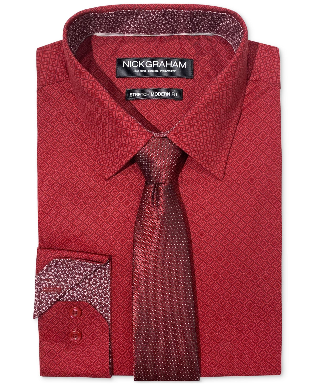 Nick Graham Mens Slim Fit Diamond Button Down Shirt Tie Red 17 17.5 34 35