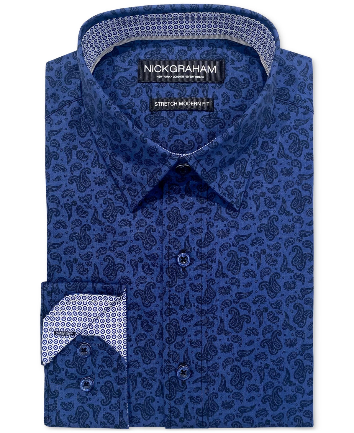 Nick Graham Men Modern fit Dress Shirt XL 17-17.5 36-37 Grey Paisley