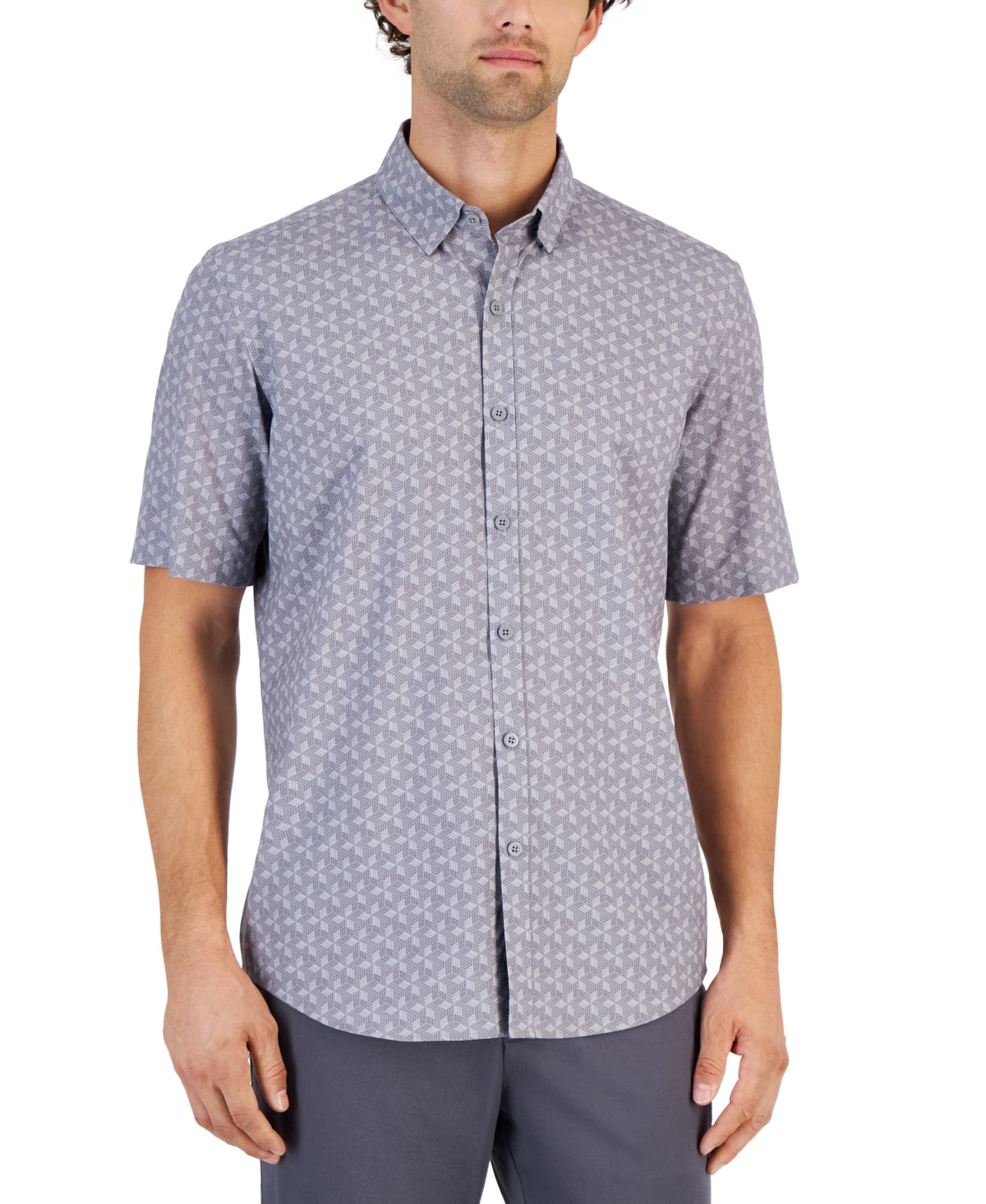 Alfani Mens Alfatech Geometric Short Sleeve Button Down Shirt Grey Combo Small