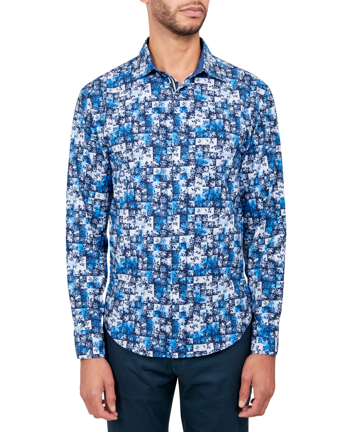 Society of Threads Mens Regular Fit Button Down Shirt Floral Blue XL