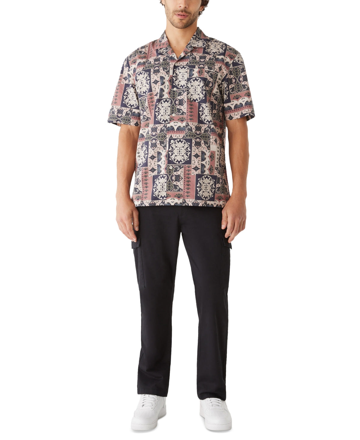 Frank And Oak Men's Cognac Print Short Sleeve Button Up Shirt Pink Small