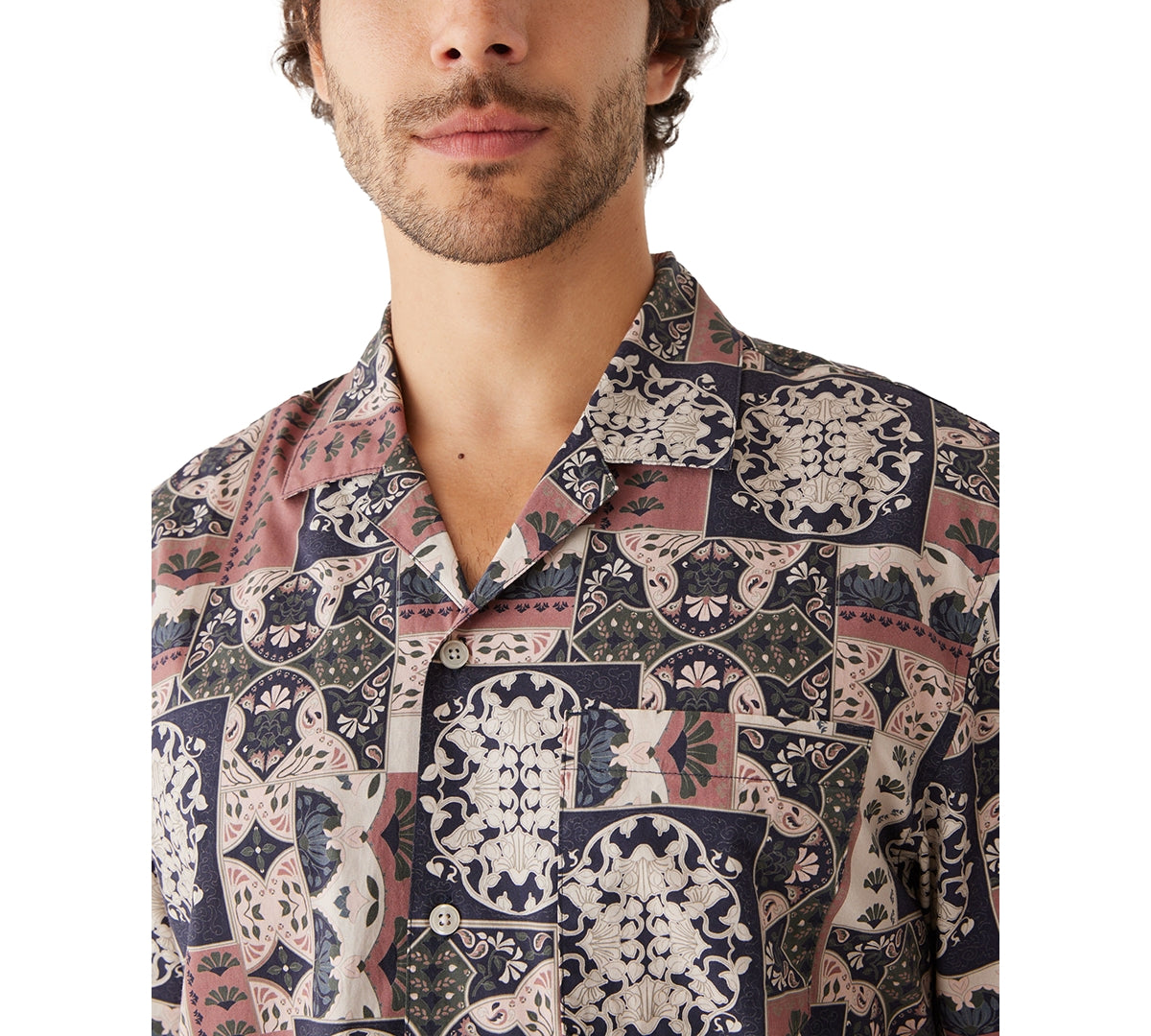Frank And Oak Men's Cognac Print Short Sleeve Button Up Shirt Pink Small
