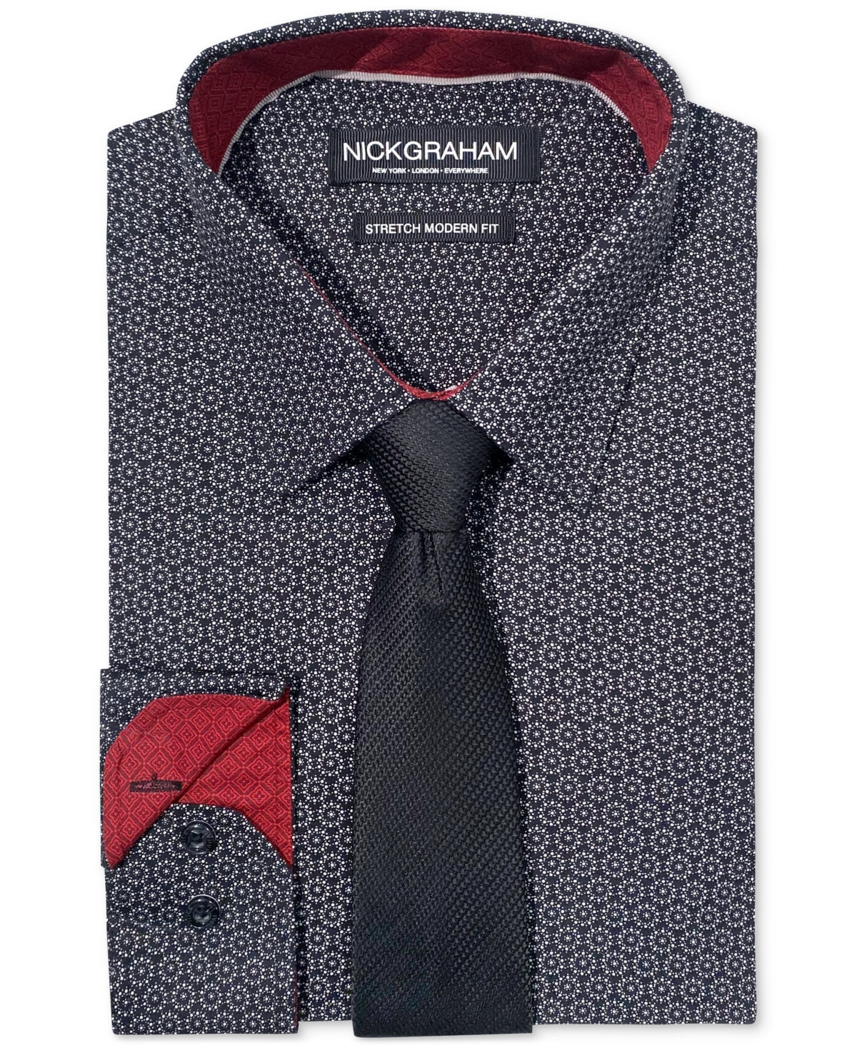 Nick Graham Mens Slim Fit Stipple Circle Button Down Shirt Black 17 17.5 34 35