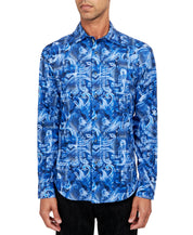 Society of Threads Mens Regular Fit Button Down Shirt Printed  Per Blue Large