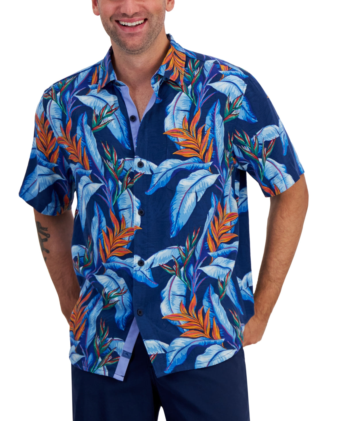 Tommy Bahama Mens Short Sleeve Floral Print Button Down Shirt Bering Blue XXL
