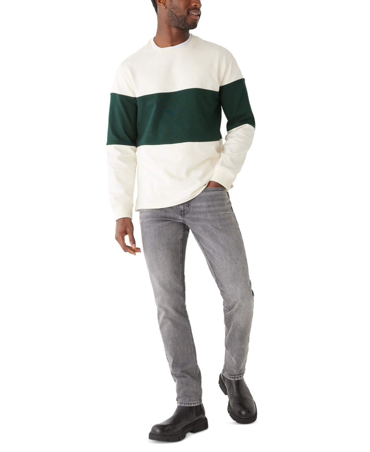 Frank And Oak Men's Relaxed Fit Long Sleeve Stripe Crewneck Sweater Green Small