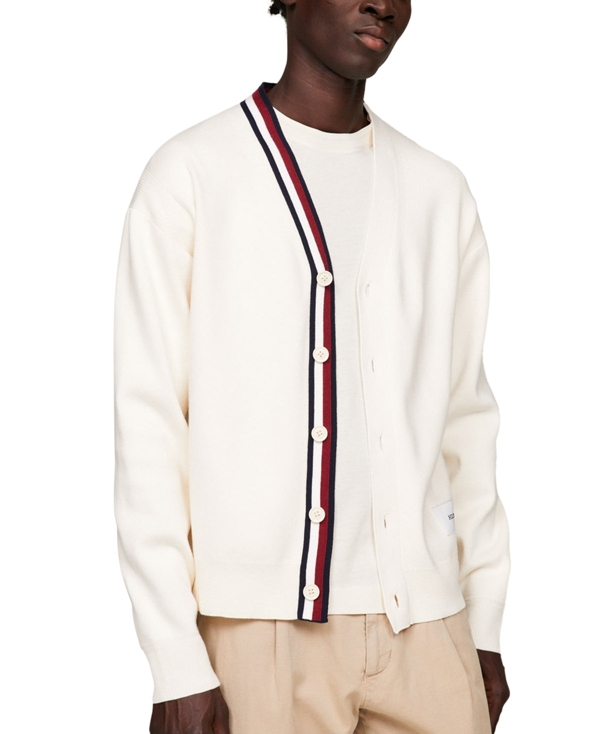 Tommy Hilfiger Men's Stripe Collar Cardigan Sweater Classic White Medium