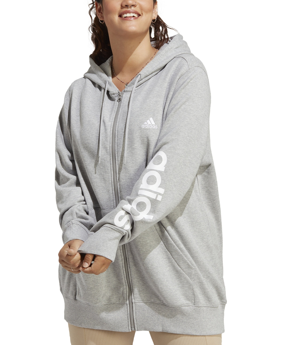 Adidas Women Regular fit Hoodie Sweatshirt 3X Grey Solid Full Zip