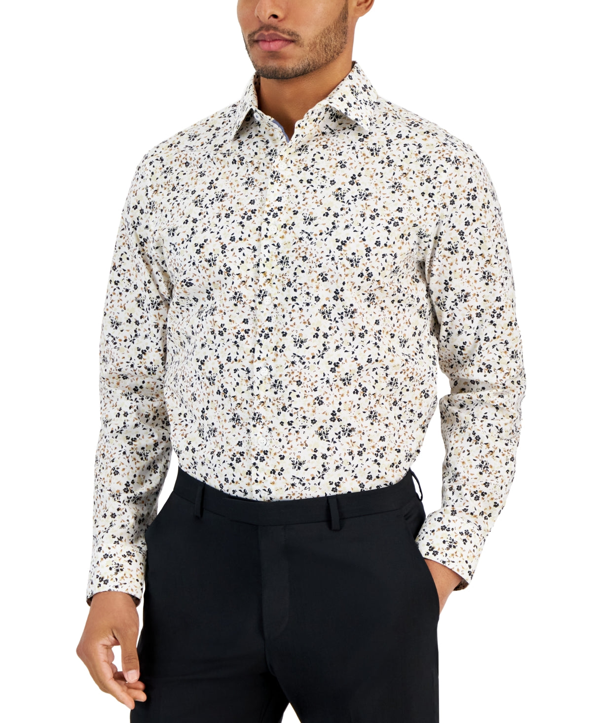 Bar Iii Mens Slim fit Long Sleeve Button-Up Shirt Medium White Floral