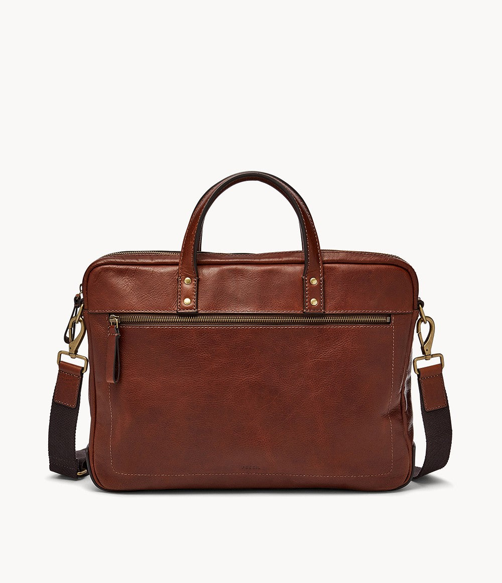 Fossil Men's Haskell Leather Briefcase Cognac Brown