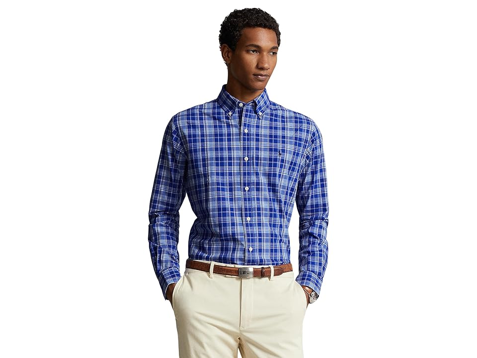 Polo Ralph Lauren Mens Classic fit Long Sleeve Button-Up Shirt Large Blue Plaid Stretch