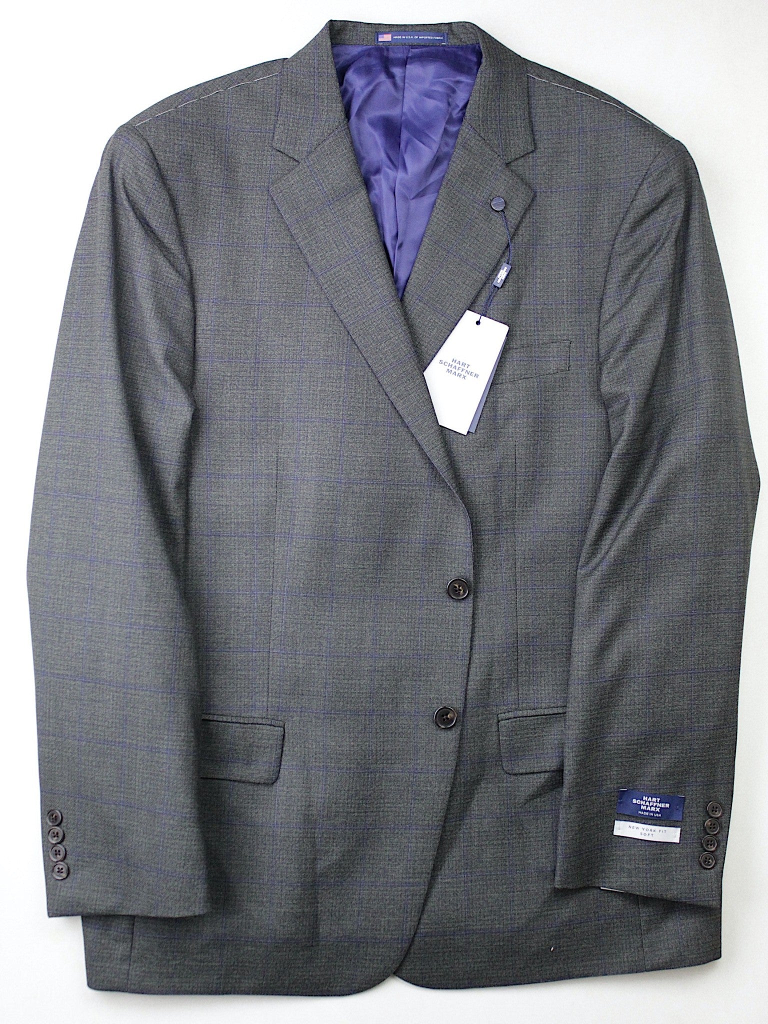 Hart Schaffner Marx New York Classic Fit Plaid Wool Suit 48R / 43W Grey Blue