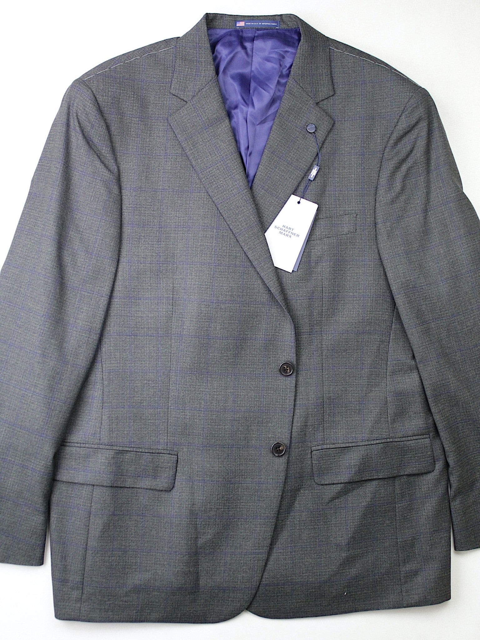 Hart Schaffner Marx New York Classic Fit Plaid Wool Suit 48R / 43W Grey Blue