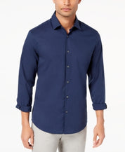 Alfani Mens Modern Solid Button Down Shirt Neo Navy Blue Large